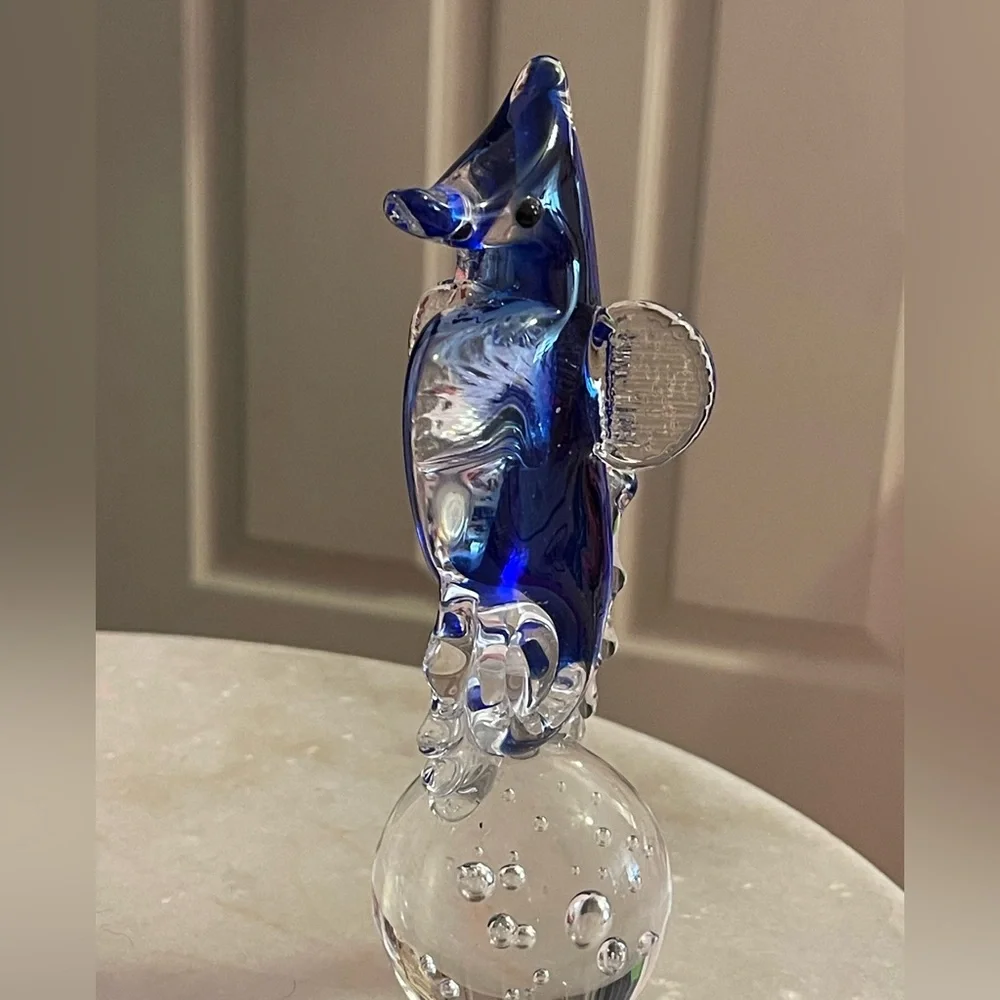 Blue Art Glass Seahorse Figurine or Paperweight Cobalt/Clear Blown Glass